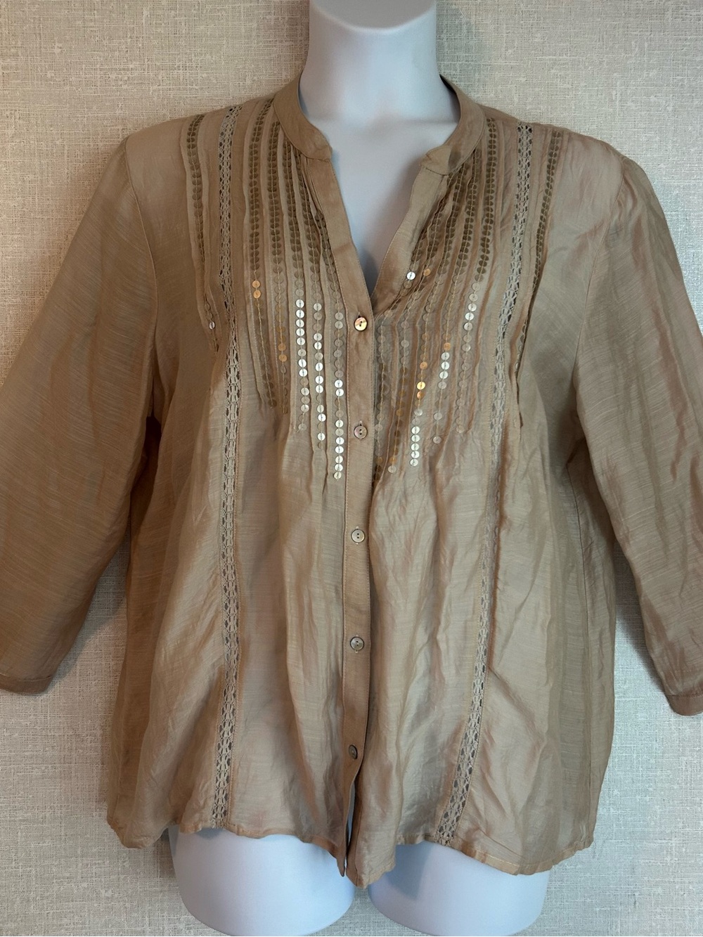 Chico's Beige Sequin Pintuck Button-Front Blouse